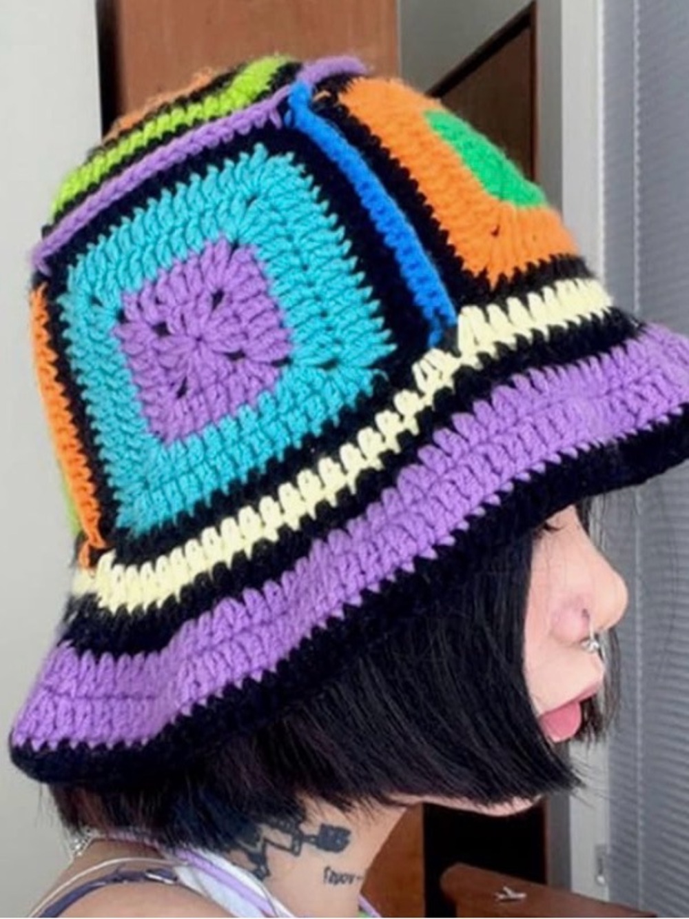 Hand Knitted Colorful Bucket Hat Unisex Boho Festival